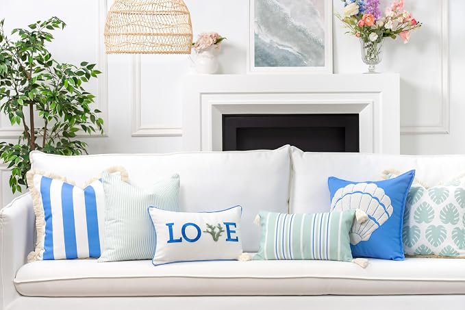 Hofdeco Premium Coastal Patio Indoor Outdoor Pillow Cover Only, 20"x20" Water Repellent for Backyard, Couch, Cornflower Blue Embroidered Shell