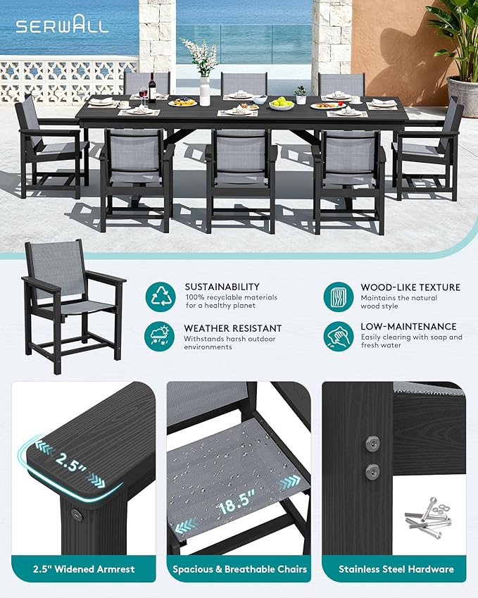 SERWALL 10 Piece Outdoor Dining Set with 15ft Triple-Head Foldable Umbrella(Based not Included), 84" HDPE Outdoor Large Table and Textilene Sling Chairs for 8, Black