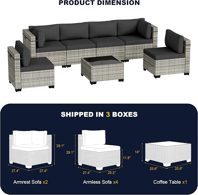 7-Piece Outdoor Patio Furniture Set, PE Wicker Rattan Sectional Sofa Conversation Set with Tempered Glass Table & Thick Cushions - All-Weather Garden, Backyard Furniture, Dark Grey