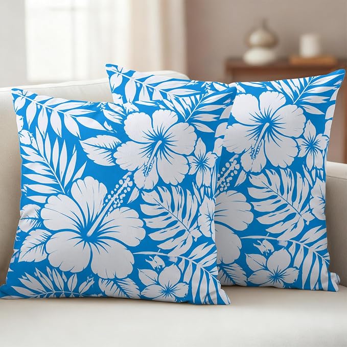Hibiscus Flowers Waterproof Outdoor Pillow Covers Set of 2 Home Decor, Blue Tropical Monstera Leaves Pillowcase Patio Pillow Covers for Couch Bench Patio Furniture Garden 16x16in