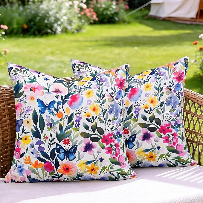 cygnus Spring Summer Outdoor Pillow Covers 18x18 Inch Waterproof Wild Flower Butterfly Outdoor Pillows for Patio Furniture Garden Home Decor