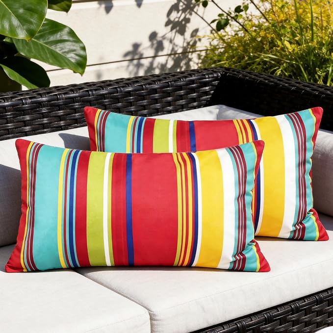 Waterproof Outdoor Pillow Covers 12x20 Inch Set of 2, Orange and Red Stripe Decorative Colorful Throw Pillow Cover, Modern Farmhouse Cushion Cases for Patio Garden Porch Balcony Couch Sofa