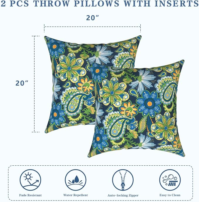 LVTXIII Outdoor Pillows 20x20 Inch, 2 Pack Large Decorative Square Throw Pillows with Inserts for Couch, Bed, Floor Seating, Patio Furniture, Bohemian Azure