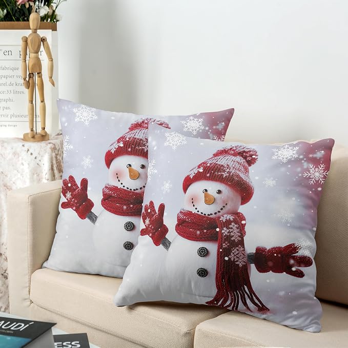 Christmas Winter Holiday Throw Pillow Covers Snowman Pillow Covers 18X18 Set of 2 Red Snowman with Snowflake Cushion Case for Couch Living Room Bedroom Sofa
