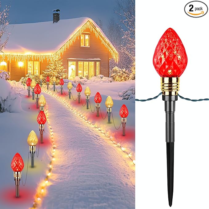 2 Pack Strawberry C9 Christmas Pathway Lights Outdoor, Total 34.8 Feet | 20 LED C9 Pathway Lights, Connectable Christmas Light Outdoor Decoration for Lawn Yard Holiday Walkway, Red & Warm White