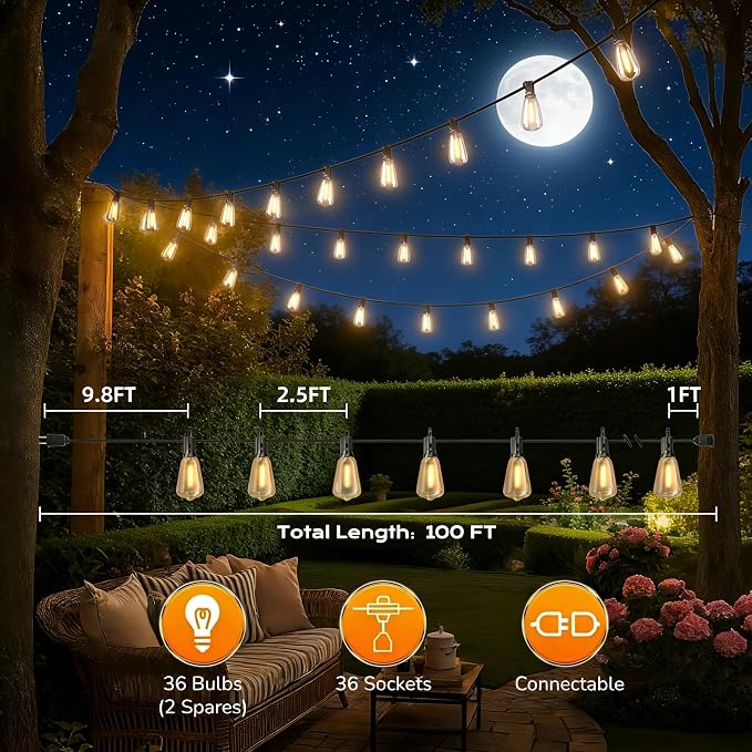 GPATIO Outdoor String Lights, 100FT ST38 Bulbs Shatterproof Patio Lights, Waterproof Dimmable Outside Hanging Light, Connectable LED Outdoor Lights for Backyard, Porch, Party, Garden, Home Decor