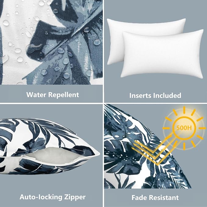 LVTXIII Set of 2 Outdoor Lumbar Pillows for Patio Furniture with White Piping, 12"x20" Fade Resistant Patio Lumbar Pillows with Inserts for Home Coach Sofa Use, Palm Blue