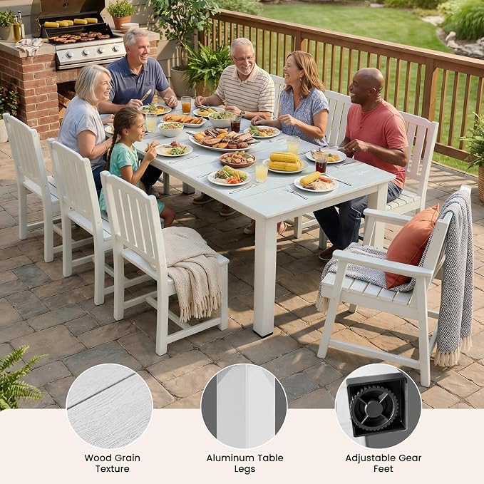 Ayge 9-Piece Outdoor Dining Set – HDPE Patio Furniture for 8 with 2" Hole Cut-Out Table & 8 Chairs, Perfect for Pool, Patio, Garden, White