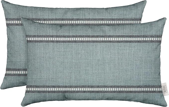 RSH DECOR: Sunbrella Lumbar Throw Pillows Set of 2 | 20" x 12" | Water and Fade-Resistant Performance Fabric | Outdoor Pillow Covers with Down-Alternative Inserts | Made in USA (White Stitches Mist)