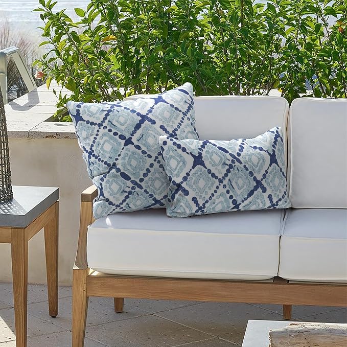 Outdoor Lumbar Pillow Covers 12”x20”, Rectangle Throw Pillow Covers for Patio Furniture, Decorative Lumbar Cushion Case for Garden Balcony Couch Office Chair, Pack of 2, Boho Geometry Blue