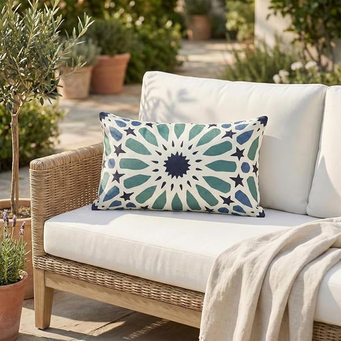 Fab Habitat Indoor/Outdoor Lumbar Pillow Made from Recycled Polyester Yarn - Stain Resistant, Machine Washable, Insert Included - Tile - Patio, Deck, Porch, Living Room - Mosaic Multi Blue (14" x 24")