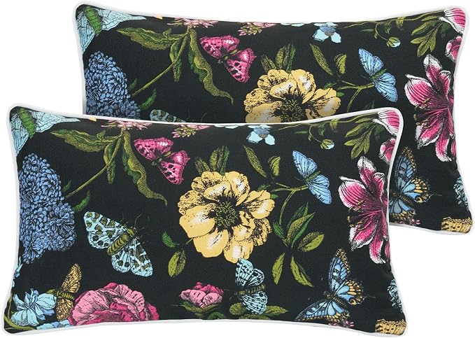 Lumbar Pillow with Insert, Set of 2, Outdoor Indoor Waterproof Decorative Patio Lumbar Pillow 12x20 Inch, Rectangular Cushion for Couch Sofa Garden Farmhouse Decoration-Black Butterfly Flower