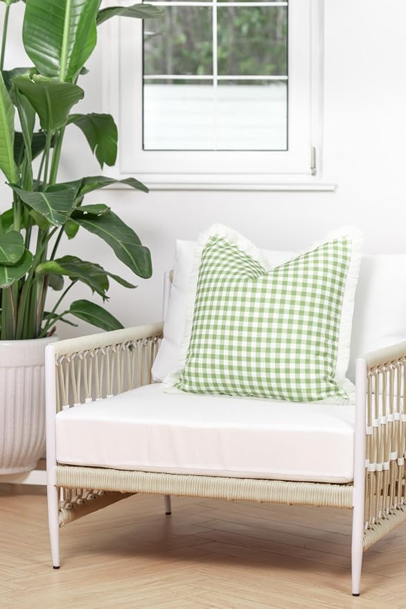 Hofdeco Premium Coastal Patio Indoor Outdoor Pillow Cover Only, 20"x20" Water Resistant for Backyard, Couch, Green Gingham Fringe
