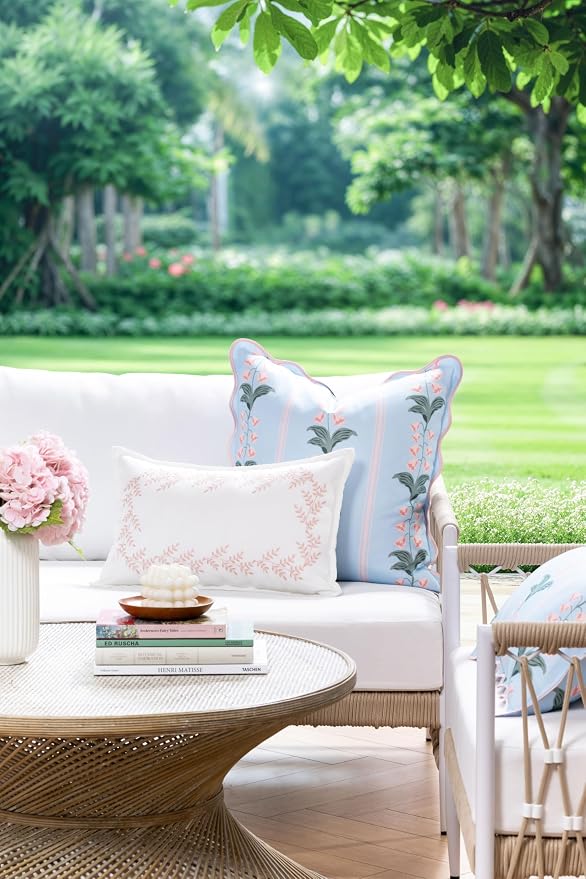 Hofdeco Premium Grandmillennial Patio Indoor Outdoor Throw Pillow Cover Only, 20"x20" Water Repellent for Backyard, Couch, Poolside, Baby Blue Pink Print Watercolor Striped Lily of the Valley
