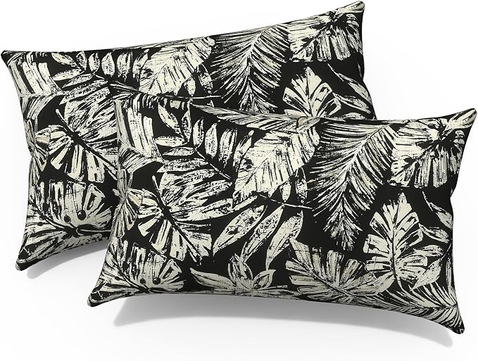 Outdoor Lumbar Pillows 12x20 Inch, Water Repellent Cushion Pillows, Outdoor Pillows with Inserts for Home Garden Pack of 2, Tropical Leaf Black