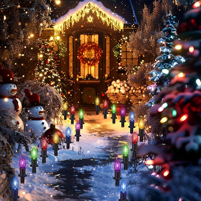 TIORIY C9 LED Christmas Pathway Lights Outdoor, 24.2ft Multicolored LED Christmas Light with Stakes, Connectable 30 Sets Xmas Decoration Light Outside, Walkway String Light