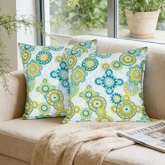 Eternal Beauty 18X18'' Set of 2 Waterproof Outdoor Pillow Covers for Spring Summer Patio Throw Pillows, Boho Floral, 18X18 inches