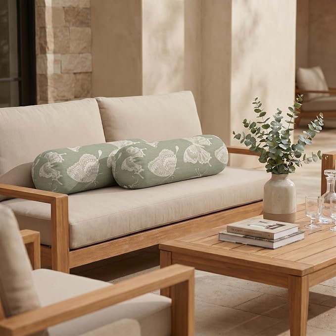 RSH DECOR: Sunbrella Neck Roll Pillows Set of 2 | 24” x 8” | Outdoor Bolster for Patio, Deck, Porch, or Poolside Chairs | Fade & Water-Resistant | Made in USA (Farfalla Spring)
