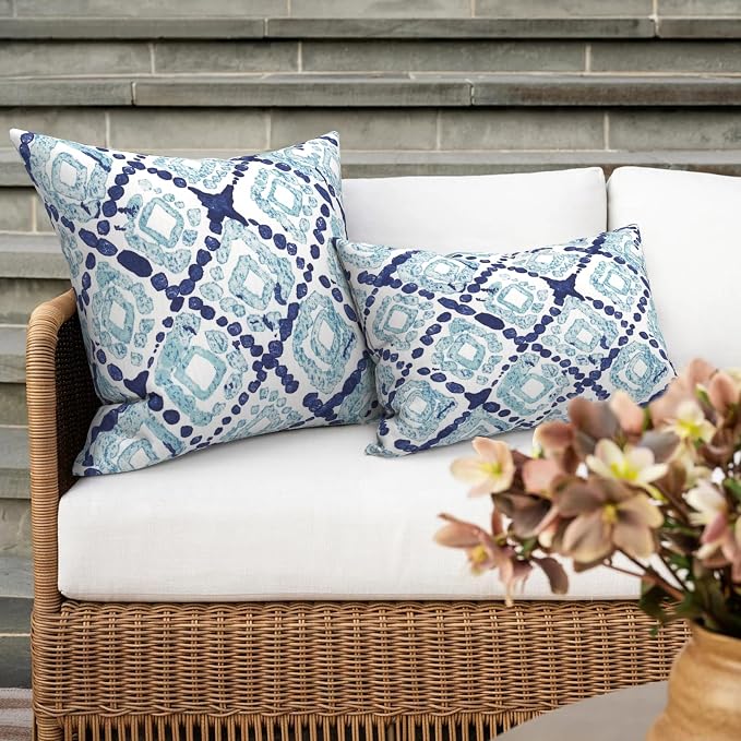 Outdoor/Indoor Throw Pillow Covers Set of 2, All Weather Square Pillow Cases 16x16 Inch, Patio Cushion Pillow of Home Furniture Use, Boho Geometry Blue