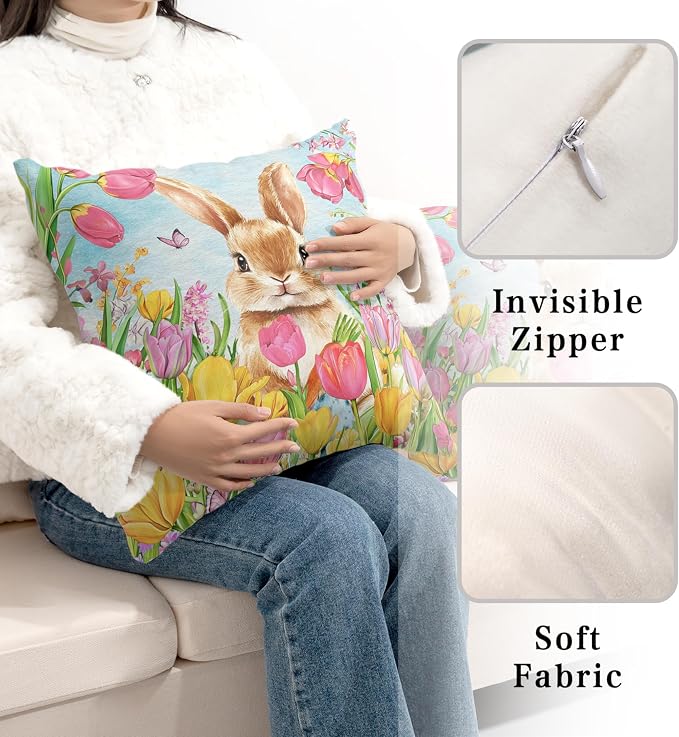 Easter Bunny Pillow Covers 16x16 Set of 2 Lovely Rabbit with Tulip Throw Pillow Covers Spring Pillow Case Floral Cotton Blend Cushion Case for Easter Decor Sofa Patio Garden