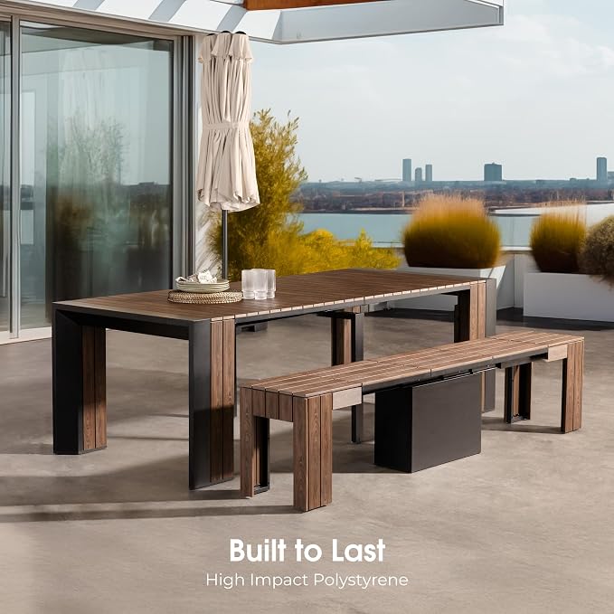 Transformer Table - Extendable Outdoor Dining Set up to 12 Seats, Expandable Patio Table, Weather-Resistant Patio Furniture, Outdoor Furniture, Dark Walnut, Brown (Table + Bench)