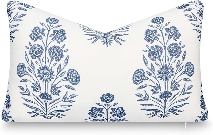 California Casual Coastal Indoor Outdoor Lumbar Pillow Cover, 12"x20" Water Repellent for Patio, Backyard, Couch, Poolside, Azure Blue Print Floral