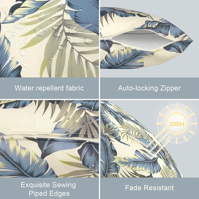 LVTXIII Set of 2 Patio Lumbar Pillow Covers ONLY, 12" x 20" Fade Resistant Outdoor Lumbar Pillow Cases, Fluffy Decorative Garden Lumbar Cushions Covers for Home Patio Coach Sofa Use, Lush Palm Blue