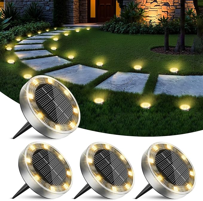 4 Pack Solar Ground Lights Outdoor, 8 LED Mini Flat Solar Disc Lights, IP65 Waterproof Pathway Lights Solar Powered, Landscape Lighting for Garden Walkway Driveway Yard Lawn,Warm White