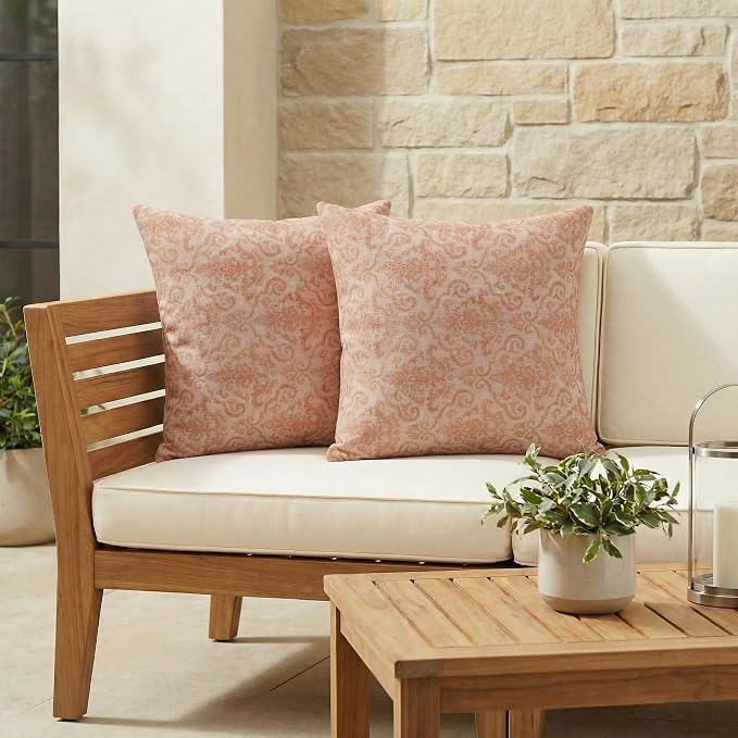 RSH DECOR: Sunbrella Square Throw Pillows Set of 2 | 24" x 24" | Water and Fade-Resistant Performance Fabric | Outdoor Pillow Covers with Down-Alternative Inserts | Made in USA (Rialto Papaya)