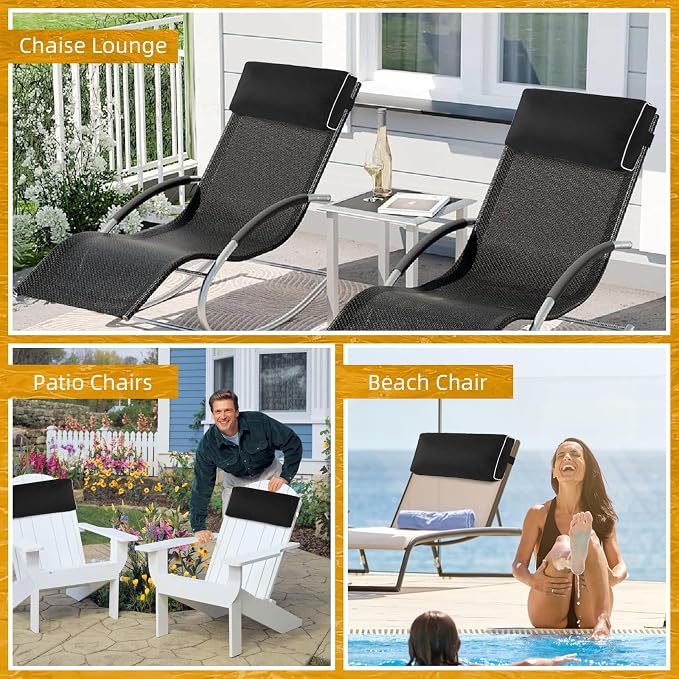 2 Pack Outdoor Chaise Lounge Head Pillow, Patio Pool Chair Pillows Water Resistant Headrest Pillow Lumbar Pillows with Insert and Adjustable Elastic Strap for Recliner Beach Chair, Black