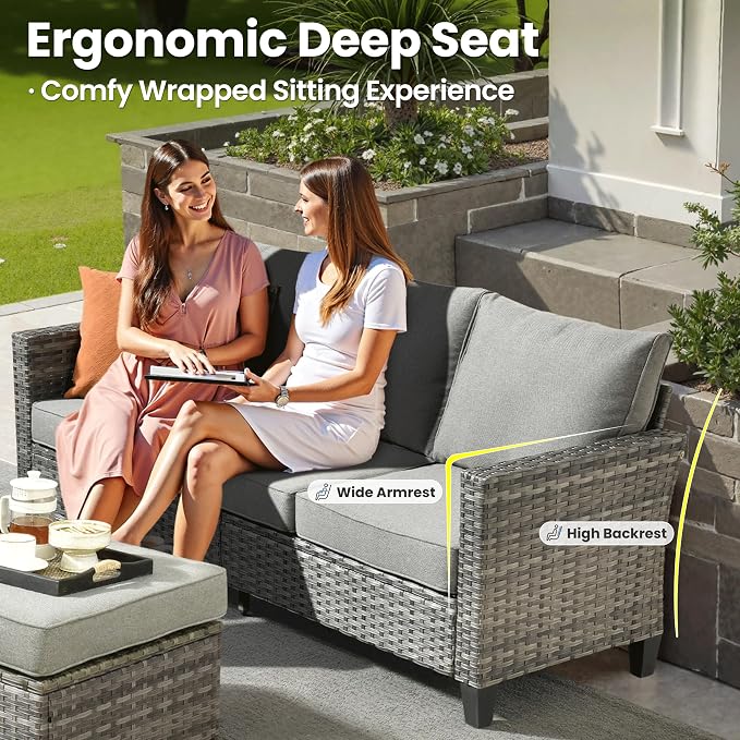 ovios 6 Pieces Patio Furniture Set, Outdoor Wicker Sofa Couch with Swivel Glider Chairs Comfy Cushions, Modern Deep Seat Rattan Conversation Sets for Deck Porch, Dark Grey