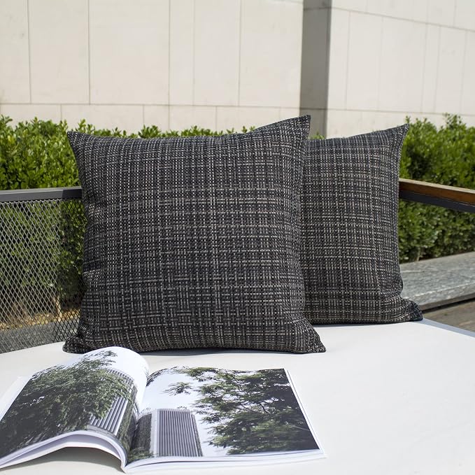 Kevin Textile Outdoor Waterproof 26x26 Inch Pillow Covers 2 Pack, Black | Water Resistant, Faux Linen Yarn-dyed, Woven Texture Euro Throw Pillow Covers for Tent Patio Garden Couch Sofa