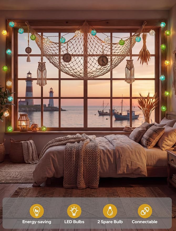 8.5Ft 10L Nautical Fish Float String Lights，Plug in Beach Themed Buoy Light | 1 Pack Fish Net, Connectable, Wall Hanging Fairy Lights for Indoor Home, Outdoor Patio Decorations - Blue/Green/White