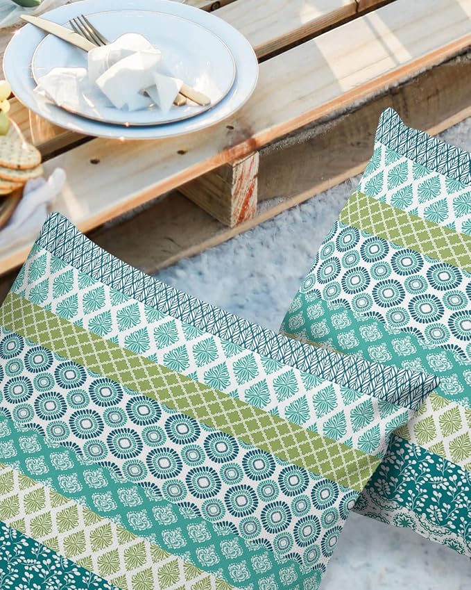 Outdoor Waterproof Throw Pillow Covers Set of 2 Teal Boho Stripe Tribal Vingtage Lumbar Pillowcases 20x20 Inch Green Bohemian Style Decorative Pillows Cushion Case Patio Pillows for Couch Bed Garden