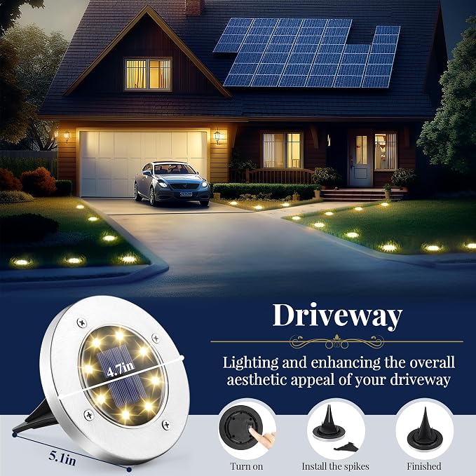 SOLPEX Solar Ground Lights Outdoor, Garden Lights 12 Pack Warm White | IP65 Waterproof Stainless Steel Landscape Lighting for Walkway, Driveway, Pathway, Patio, Backyard Decor