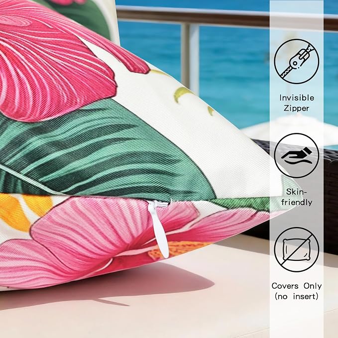 Outdoor Pillow Covers 12x20 Inch Set of 2, Tropical Floral Plants Modern Throw Pillows Cases Waterproof Square Garden Cushion Sham for Patio Funiture Tent Balcony Bench Sofa Couch, Pink Green