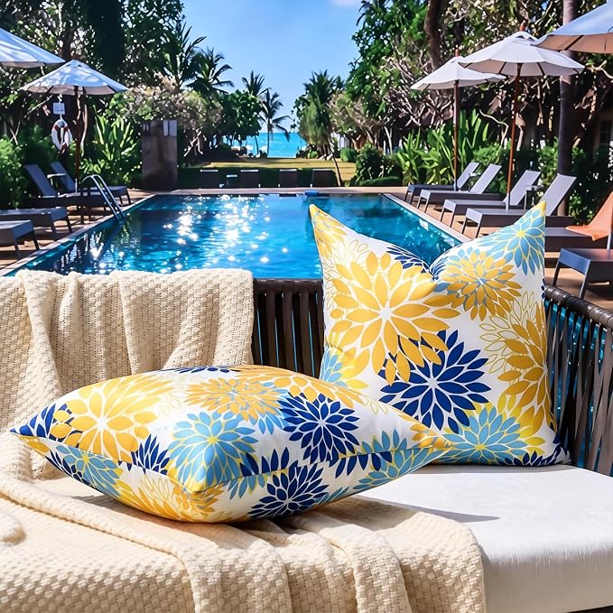 Decorative Outdoor Waterproof Throw Pillow Covers Set of 2 Dahlia Yellow and Blue Pillow Case 16x16 Inches Spring Summer Cushion Covers with Invisible Zipper for Inside and Outdoor