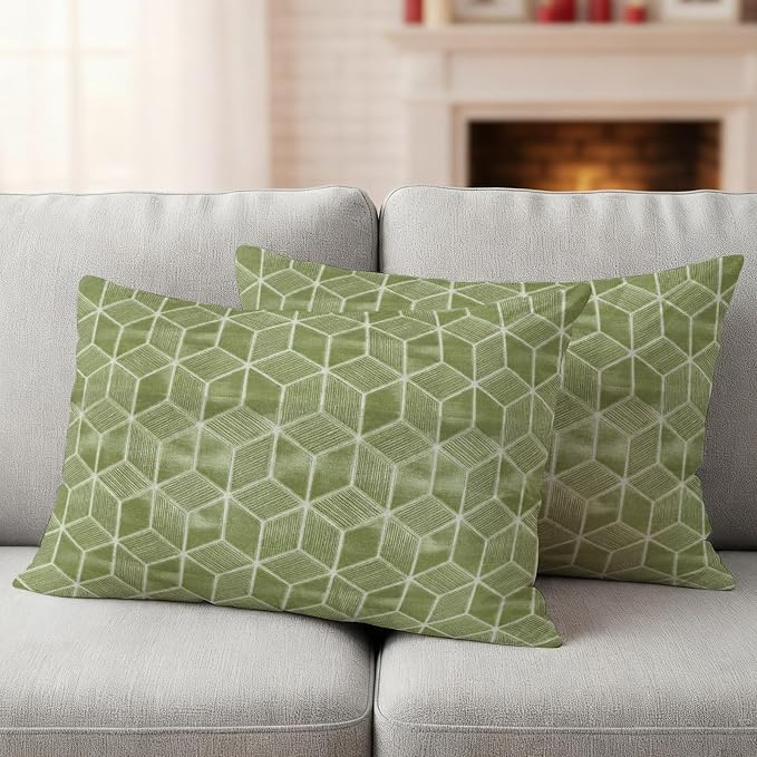 Green Honeycomb Tiling Waterproof Outdoor Pillow Covers Set of 2 Home Decor, Wooden Grain Blocks Lumbar Pillowcase Patio Pillow Covers for Couch Bench Patio Furniture Garden 20x12in