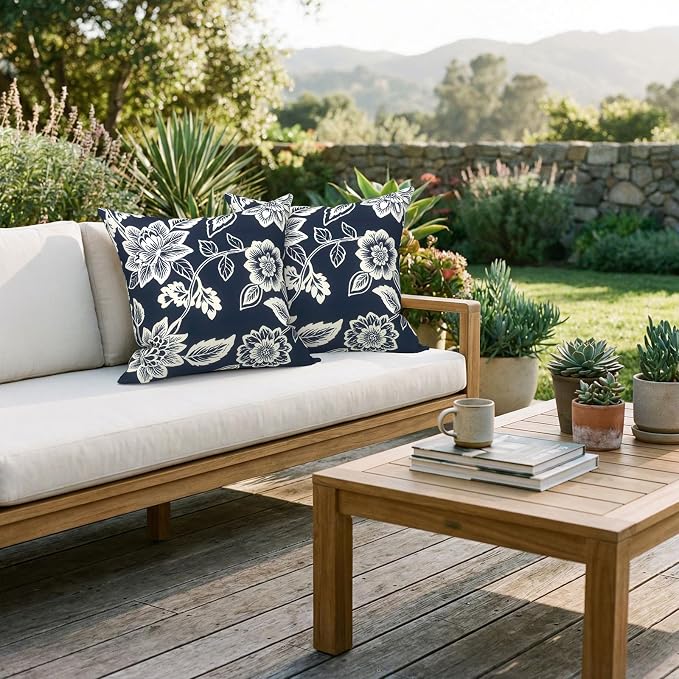 Outdoor 20x20 Inch Pack of 2 Patio Throw Pillow Covers ONLY, Water Repellent Cushion Cases, Square Pillowcases for Couch Decoration, Elegant Vines Navy