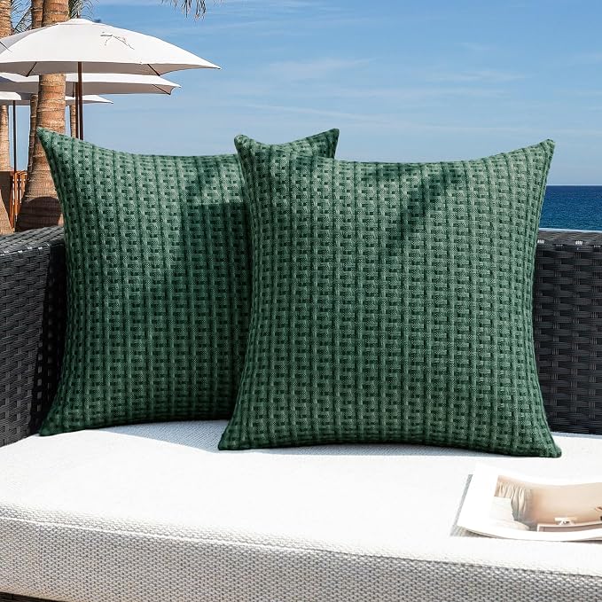 Kevin Textile Outdoor Waterproof 26"x26" Pillow Covers 2 Pack, Dark Green | Water Resistant Weaving Faux Linen Texture Throw Pillow Covers, Outside Decorative Pillowcases for Garden Patio Balcony Couch