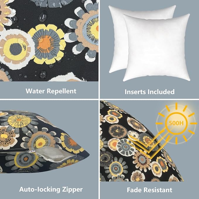 LVTXIII Outdoor Throw Pillows, Decorative Throw Pillows with Inserts, 16"x16" Square Pillows for Bed, Couch, Sofa and Patio Furniture, Set of 2, Black Yellow Crosby