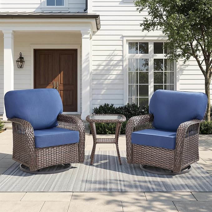 Belord 3 Piece Patio Set,Swivel Patio Chairs Set with Side Table, All-Weather Wicker Backyard Balcony Porch Seating Group,Blue