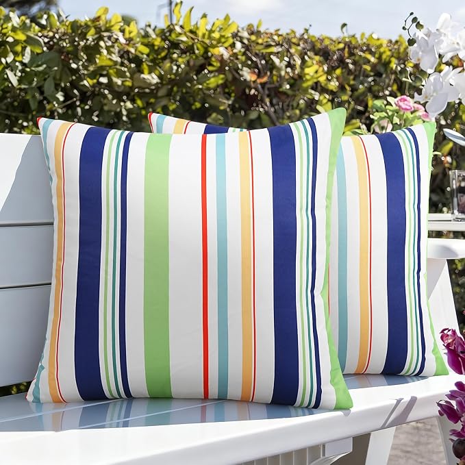 Adabana Patio Striped Outdoor Pillow Covers Waterproof Set of 2, 18"x18" | Colorful Decor, Green Outdoor Pillows for Patio Furniture Garden Porch