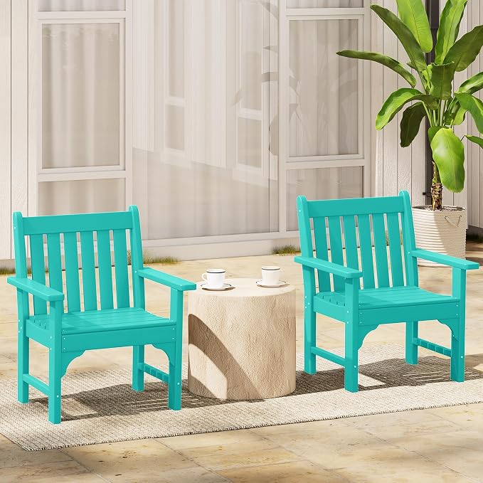 Costaelm Outdoor Dining Arm Chair, Patio HDPE Garden Dining Table Chair, Poly Lumber Waterproof Restaurant Bistro Farmhouse Chairs for Outside Porch Backyard, Turquoise