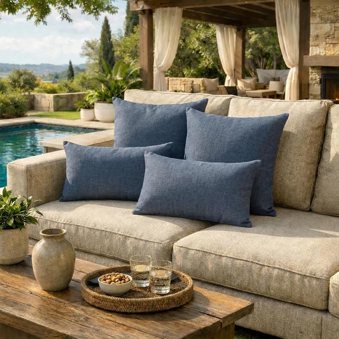 RSH DECOR: Sunbrella Lumbar & Square Pillows Set of 4 | 20" x 12" & 17" x 17" | Water and Fade-Resistant Fabric | Outdoor Throw Pillows for Patio Furniture | Made in USA (Sparkle Navy Denim)
