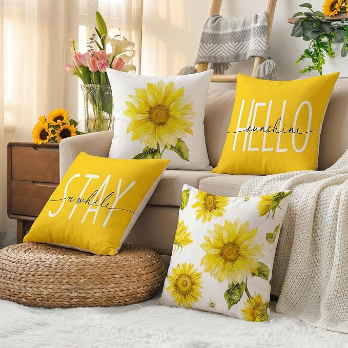 Sunflower Decor Yellow Outdoor Pillow Covers 18x18 for Patio Furniture | Summer Sunflower Decor, Waterproof, Mustard Yellow Floral, Set of 4, Farmhouse Pillow Covers, Porch, Outdoor Patio Furniture