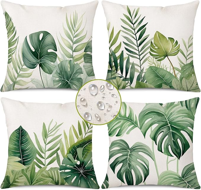 Tropical Leaves Outdoor Waterproof Pillow Covers 18 X 18 Inch Set of 4 Palm Leaf Plant Decorative Cushion Cases for Patio Furniture Garden