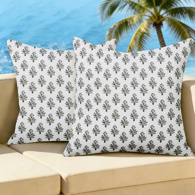 Outdoor Pillow Covers 18x18 Set of 2 Boho Black Floral Accent Print Decorative Throw Pillow Cases for Outdoor Waterproof Patio Furniture Garden Porch Sofa Bed Cushion Covers Home Decor JB005-A18