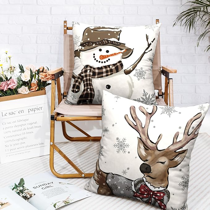 Christmas Outdoor Pillow Covers 16x16 Set of 2 Brown Snowman Reindeer with Snowflakes Throw Pillow Covers Decorative Cotton Linen Cushion Case for Home Decor Couch Living Room
