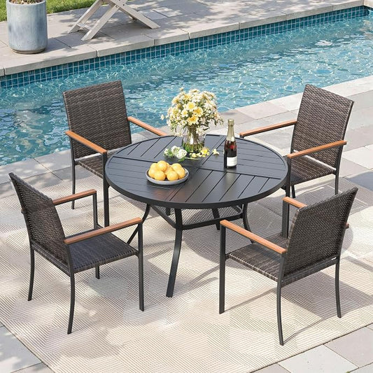 Round Patio Dining Set for 4, Outdoor Furniture Set of 40.6" Round Metal Table with Umbrella Hole and Stackable Wicker Patio Chairs for Backyard Lawn Garden, Walnut Chairs, Black Table